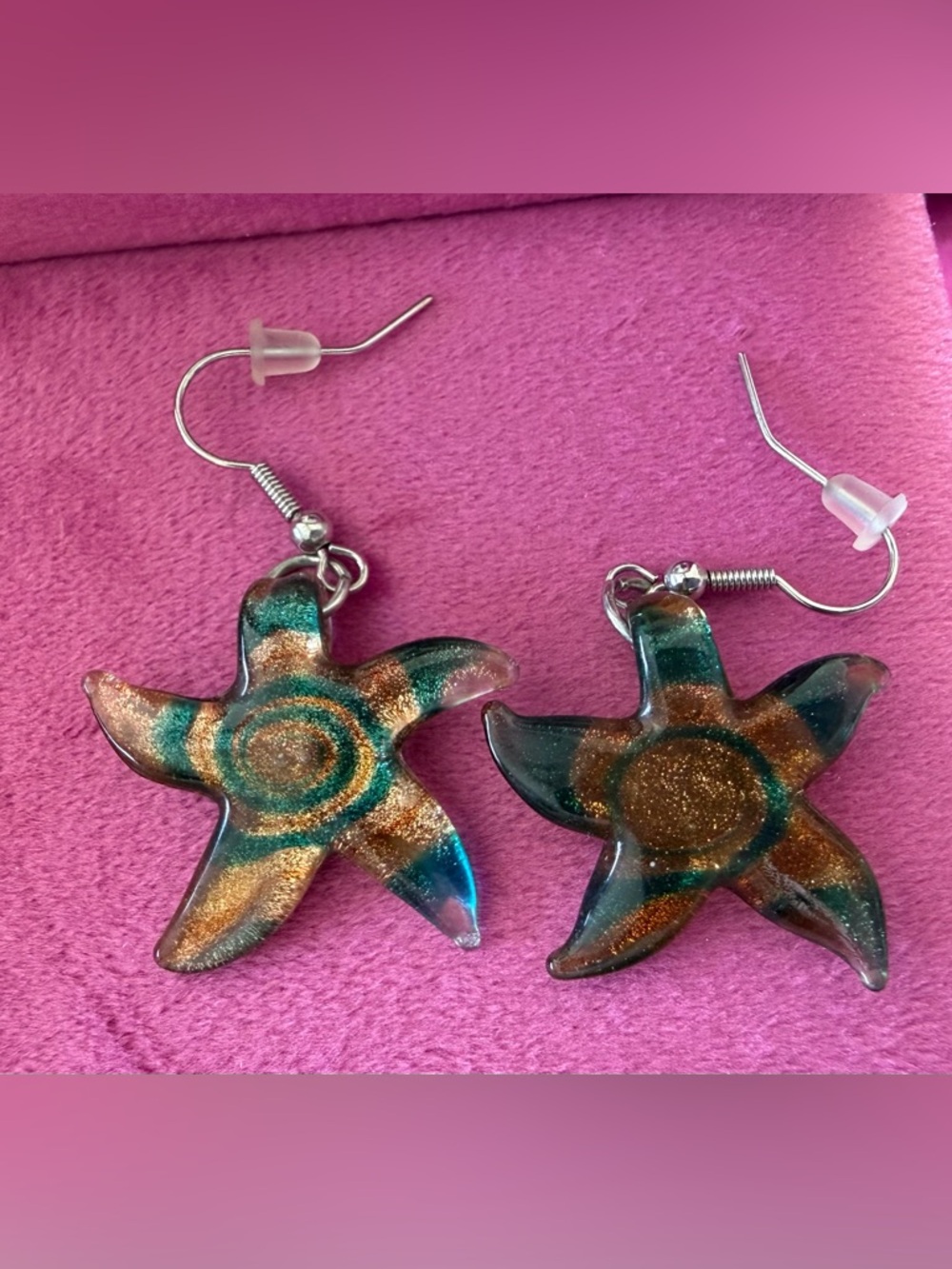 Handmade Glass  Starfish Dangle Earrings in Teal and Gold
